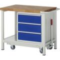 Orbis werkbank HxBxD 880x1000x700 mm beukenblad draagvermogen 450 kg voeten-wielen 3 laden 1 legbord 1 duwbeugel RAL 7035 front RAL 5010 2 zwenk- en 2 bokwielen 148701