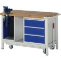 Orbis werkbank HxBxD 880x1250x700 mm beukenblad draagvermogen 450 kg voeten-wielen 3 laden kast legbord bankschroef RAL 7035 front RAL 5010 2 zwenk- en 2 bokwielen 148727