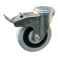 Protempo serie 14-31 zwenk transportwiel boutgat dubbele rem naloop RVS gaffel zwarte PA velg grijze elastische rubberen band ± 65 shore A 160 mm kogellager RVS 214.168.310.500