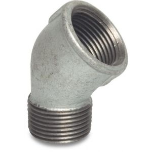 Mega Profec nummer 121 knie 45 graden gietijzer gegalvaniseerd 1/2 inch binnendraad x buitendraad DVGW 1012104