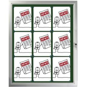 Orbis infovitrine aluminium frame draaideur acrylglas buitenmaat HxBxD 1075x815x30 mm achterwand vilt 9x DIN A4 groen 529777