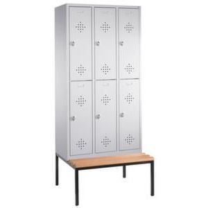 Orbis zitbankkast HxBxD 2090x900x500 mm ondergebouwde zitbank van hout 3x2 vakken B 300 mm klinksluiting rozetten RAL 7035 407025