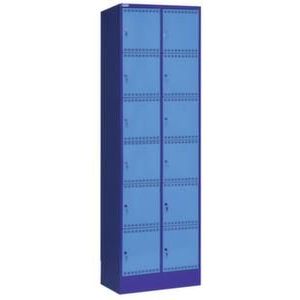 Orbis lockerkast HxBxD 1995x610x582 mm 2x6 vakken vak B 300 mm telkens 2 stekkerdozen stekker CH Key lock sokkel romp duifblauw front lichtblauw 146103