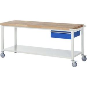 Orbis verrijdbare werkbank HxBxD 880x2000x700 mm beukenblad draagvermogen 450 kg 1 lade 1 legbord 1 duwbeugel RAL 7035 front RAL 5010 2 zwenk- en 2 bokwielen 148678