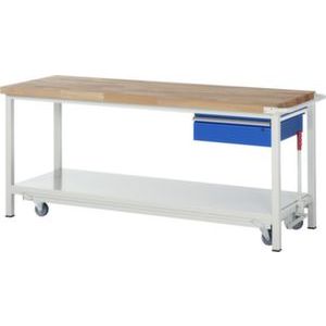 Orbis werkbank HxBxD 880x2000x700 mm beukenblad draagvermogen 450 kg voeten-wielen 1 lade 1 legbord 1 duwbeugel RAL 7035 front RAL 5010 2 zwenk- en 2 bokwielen 148684