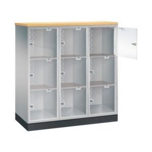 Orbis grootvolume-lockersysteem HxBxD 1370x1220x500 mm 3x3 vakken cilinderslot sokkel romp RAL 9006 blad beuken 217999