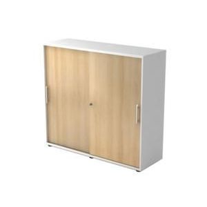 Orbis kantoor-schuifdeurkast HxBxD 1100x1200x400 mm 2x houten vloer 3 ordnerhoogtes romp wit front eiken 220328