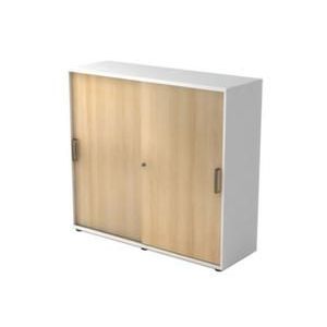 Orbis kantoor-schuifdeurkast HxBxD 1100x1200x400 mm 2x houten vloer 3 ordnerhoogtes romp wit front eiken 220331