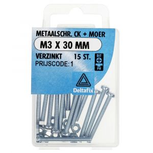 Deltafix metaalschroef cilinderkop met moer verzinkt M3x30 mm DIN 7985/934 blister 15 stuks 11272