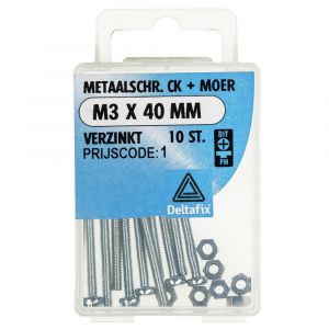 Deltafix metaalschroef cilinderkop met moer verzinkt M3x40 mm DIN 7985/934 blister 10 stuks 11273