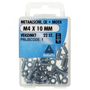 Deltafix metaalschroef cilinderkop met moer verzinkt M4x10 mm DIN 7985/934 blister 22 stuks 11275