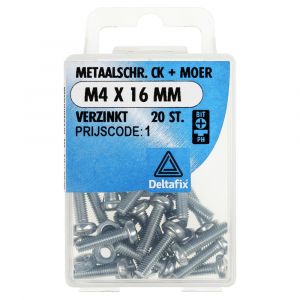 Deltafix metaalschroef cilinderkop met moer verzinkt M4x16 mm DIN 7985/934 blister 20 stuks 11276