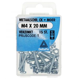 Deltafix metaalschroef cilinderkop met moer verzinkt M4x20 mm DIN 7985/934 blister 15 stuks 11277