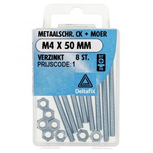 Deltafix metaalschroef cilinderkop met moer verzinkt M4x50 mm DIN 7985/934 blister 8 stuks 11281