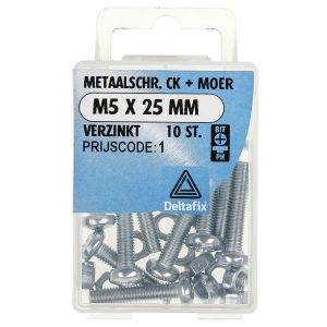 Deltafix metaalschroef cilinderkop met moer verzinkt M5x25 mm DIN 7985/934 blister 10 stuks 11283