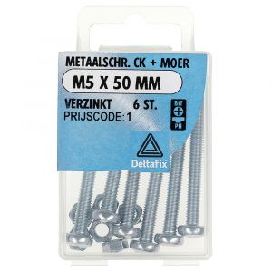 Deltafix metaalschroef cilinderkop met moer verzinkt M5x50 mm DIN 7985/934 blister 6 stuks 11286