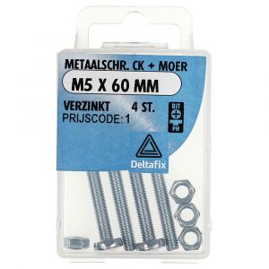 Deltafix metaalschroef cilinderkop met moer verzinkt M5x60 mm DIN 7985/934 blister 4 stuks 11287