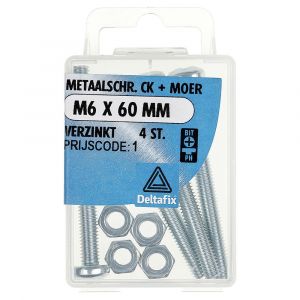 Deltafix metaalschroef cilinderkop met moer verzinkt M6x60 mm DIN 7985/934 blister 4 stuks 11293