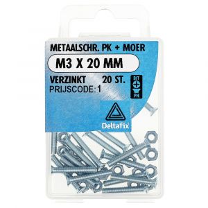 Deltafix metaalschroef platkop met moer verzinkt M3x20 mm DIN 965/934 blister 20 stuks 11294