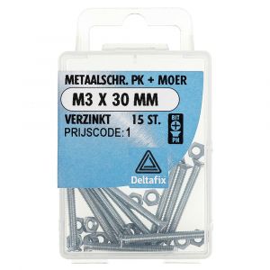 Deltafix metaalschroef platkop met moer verzinkt M3x30 mm DIN 965/934 blister 15 stuks 11295