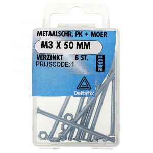 Deltafix metaalschroef platkop met moer verzinkt M3x50 mm DIN 965/934 blister 8 stuks 11297