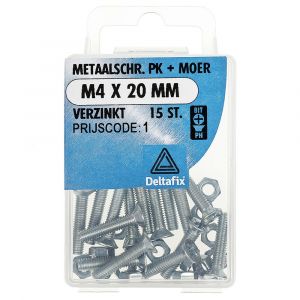 Deltafix metaalschroef platkop met moer verzinkt M4x20 mm DIN 965/934 blister 15 stuks 11299