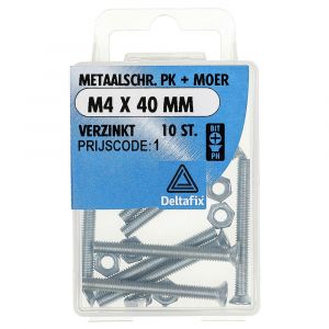 Deltafix metaalschroef platkop met moer verzinkt M4x40 mm DIN 965/934 blister 10 stuks 11301