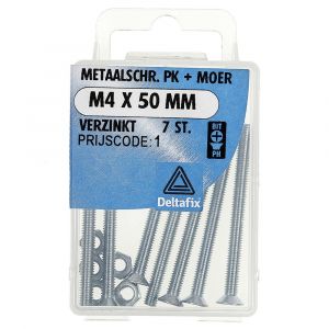 Deltafix metaalschroef platkop met moer verzinkt M4x50 mm DIN 965/934 blister 7 stuks 11302