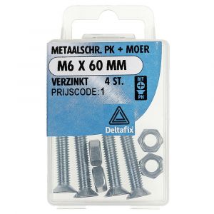 Deltafix metaalschroef platkop met moer verzinkt M6x60 mm DIN 965/934 blister 4 stuks 11309