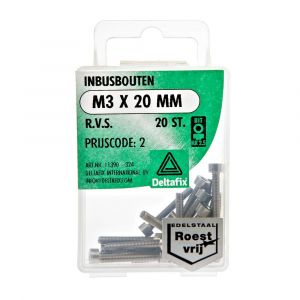 Deltafix inbusbout cilinderkop RVS A2 M3x20 mm DIN 912 blister 20 stuks 11390