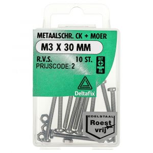 Deltafix metaalschroef cilinderkop met moer RVS A2 M3x30 mm DIN 7985/934 blister 10 stuks 11399