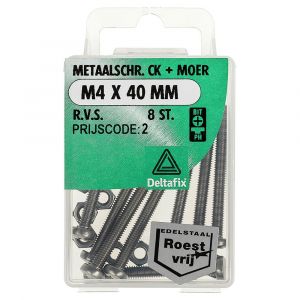 Deltafix metaalschroef cilinderkop met moer RVS A2 M4x40 mm DIN 7985/934 blister 8 stuks 11403