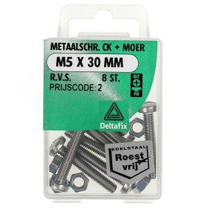 Deltafix metaalschroef cilinderkop met moer RVS A2 M5x30 mm DIN 7985/934 blister 8 stuks 11404