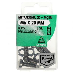 Deltafix metaalschroef cilinderkop met moer RVS A2 M6x20 mm DIN 7985/934 blister 5 stuks 11407