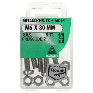 Deltafix metaalschroef cilinderkop met moer RVS A2 M6x30 mm DIN 7985/934 blister 5 stuks 11408