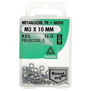 Deltafix metaalschroef platkop met moer RVS A2 M3x10 mm DIN 965/934 blister 15 stuks 11410