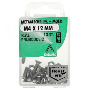 Deltafix metaalschroef platkop met moer RVS A2 M4x12 mm DIN 965/934 blister 13 stuks 11411