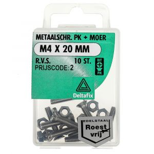 Deltafix metaalschroef platkop met moer RVS A2 M4x20 mm DIN 965/934 blister 10 stuks 11412