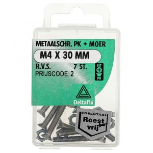 Deltafix metaalschroef platkop met moer RVS A2 M4x40 mm DIN 965/934 blister 6 stuks 11414