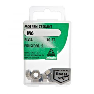 Deltafix moer zeskant RVS A2 M6 DIN 934 blister 10 stuks 11423