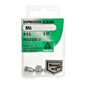 Deltafix dopmoer zeskant RVS A2 M6 DIN 1587 blister 3 stuks 11435