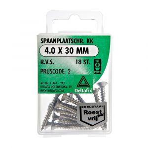 Deltafix spaanplaatschroef platkop kruiskop RVS A2 4.0x30 mm blister 18 stuks 11461