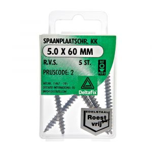 Deltafix spaanplaatschroef platkop kruiskop RVS A2 5.0x60 mm blister 5 stuks 11467