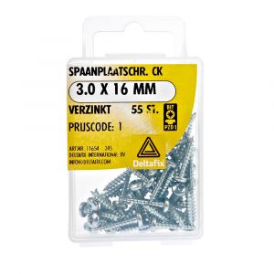 Deltafix spaanplaatschroef cilinderkop kruiskop verzinkt 3.0x16 mm blister 55 stuks 11654