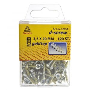 D-Screw Gold-Top spaanplaatschroef platkop kruiskop met smeerfilm verzinkt 3.5x20 mm blister 120 stuks 12053