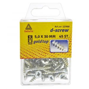 D-Screw Gold-Top spaanplaatschroef platkop kruiskop met smeerfilm verzinkt 5.0x30 mm blister 45 stuks 12068