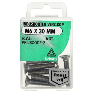 Deltafix inbusbout platkop RVS A2 M6x30 mm DIN 7991 blister 6 stuks 12258