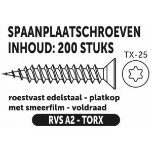 Private-Label spaanplaatschroef platkop-torx RVS A2 5.0x30 mm doos 200 stuks 52869