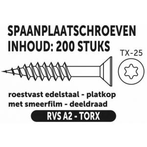 Private-Label spaanplaatschroef platkop-torx RVS A2 5.0x70/42 mm doos 200 stuks 52885