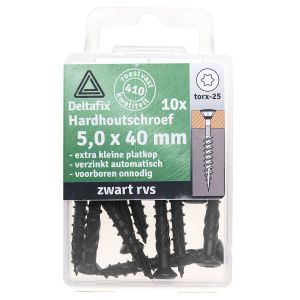 Deltafix hardhoutschroef platkop zwart RVS 5.0x40 mm blister 10 stuks 64042